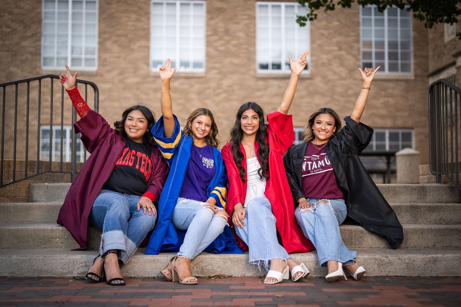 Students in graduation attire sit on stone steps and pose together in a celebratory sequence of photos.