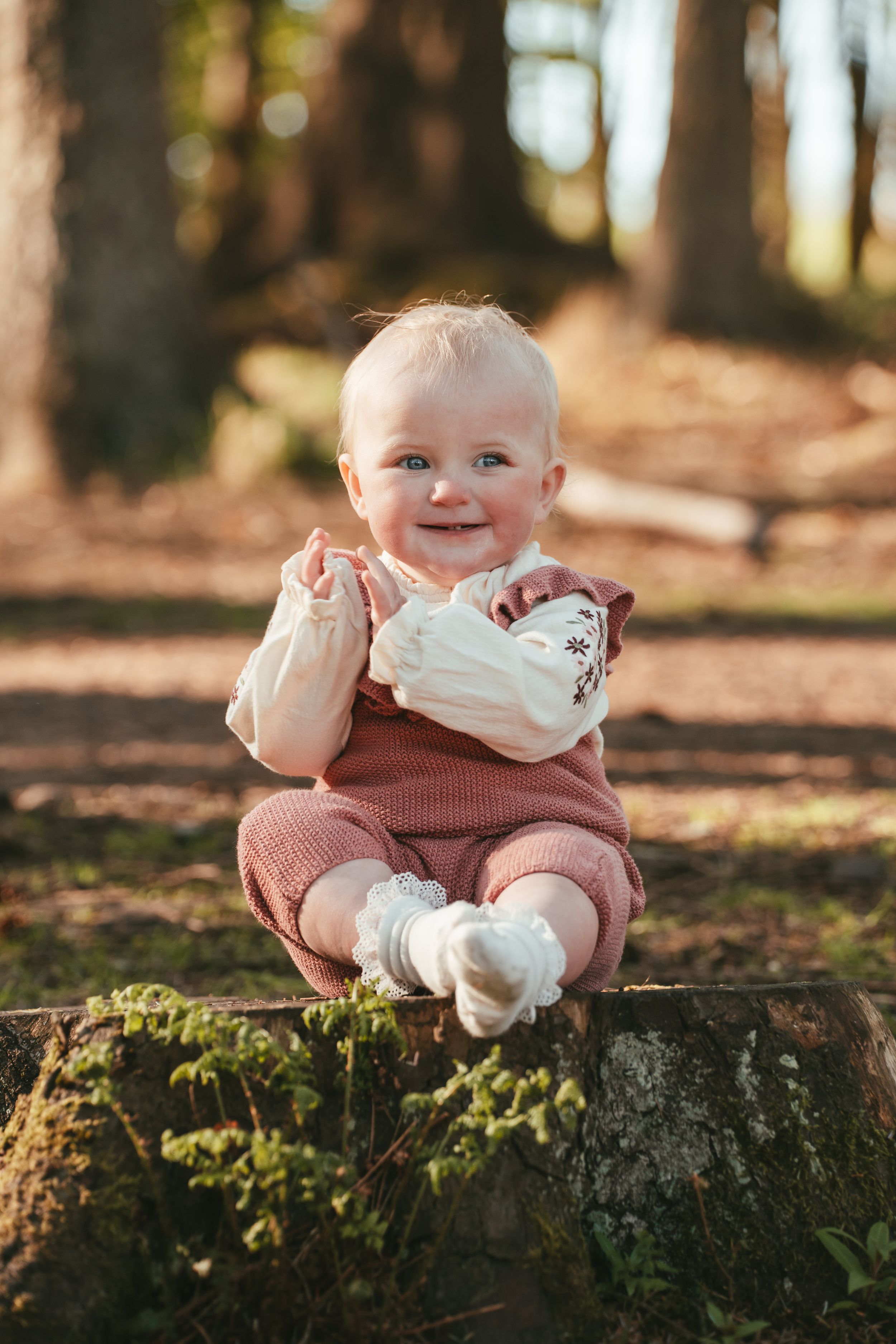 A happy baby sits on a mossy log in a forest wearing pink clothing and a white bib during an autumn photoshoot.