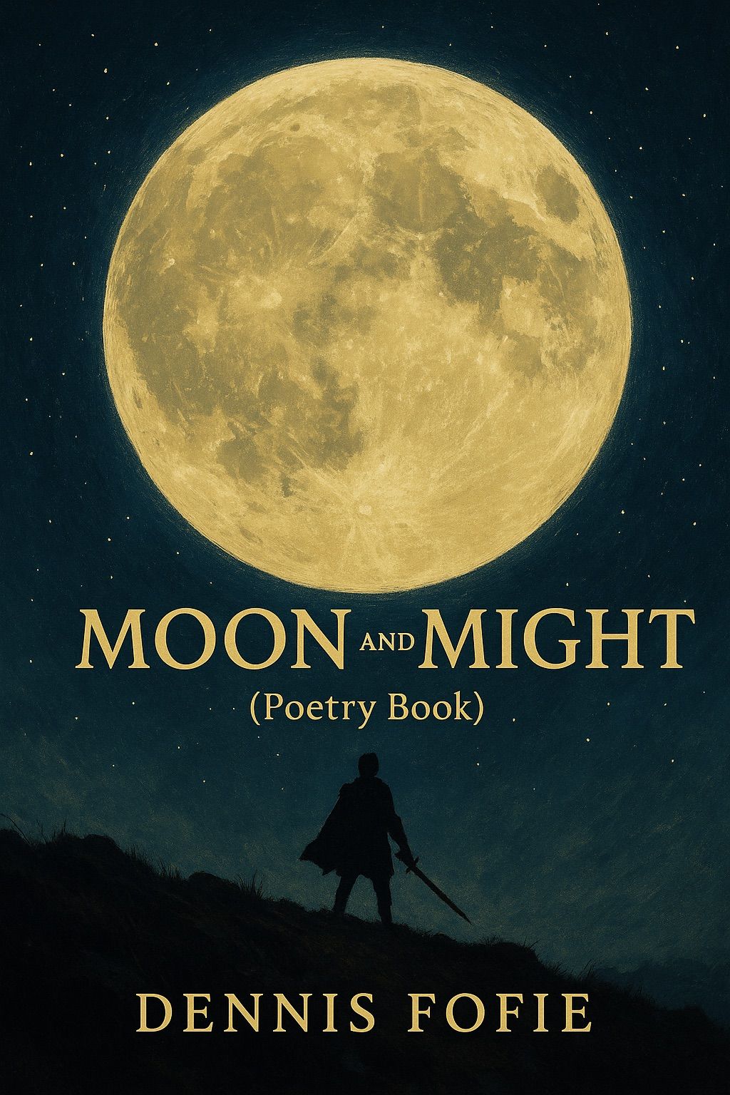 Cover of 'Moon and Might' by Dennis Fofie, a reflective poetry book centered on African identity, resilience, and personal growth.