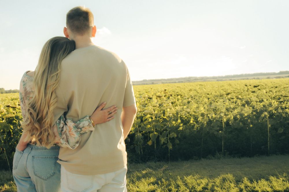 Couple embracing while overlooking a lush green sunflower field bathed in warm golden sunlight.