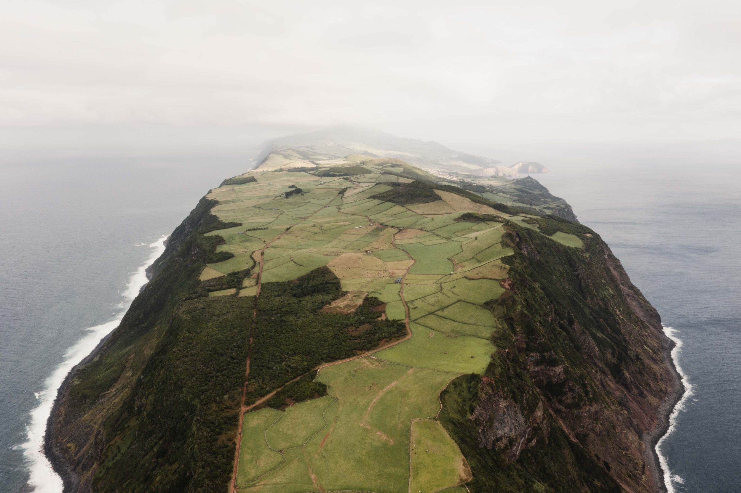 Aerial view of green cliffs rising dramatically from the ocean on a cloudy day.