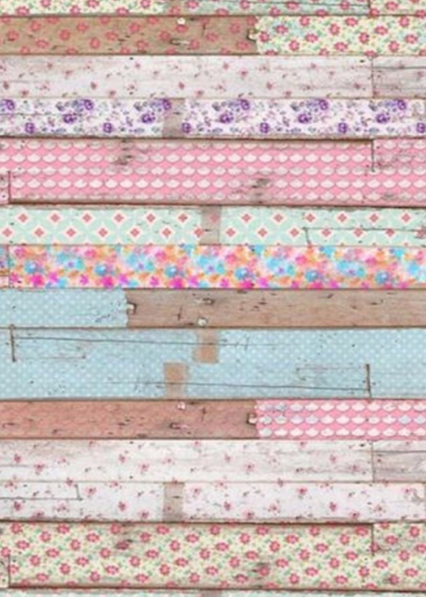 Colorful patchwork wooden planks with floral and polka dot patterns in pink, mint, and purple tones.