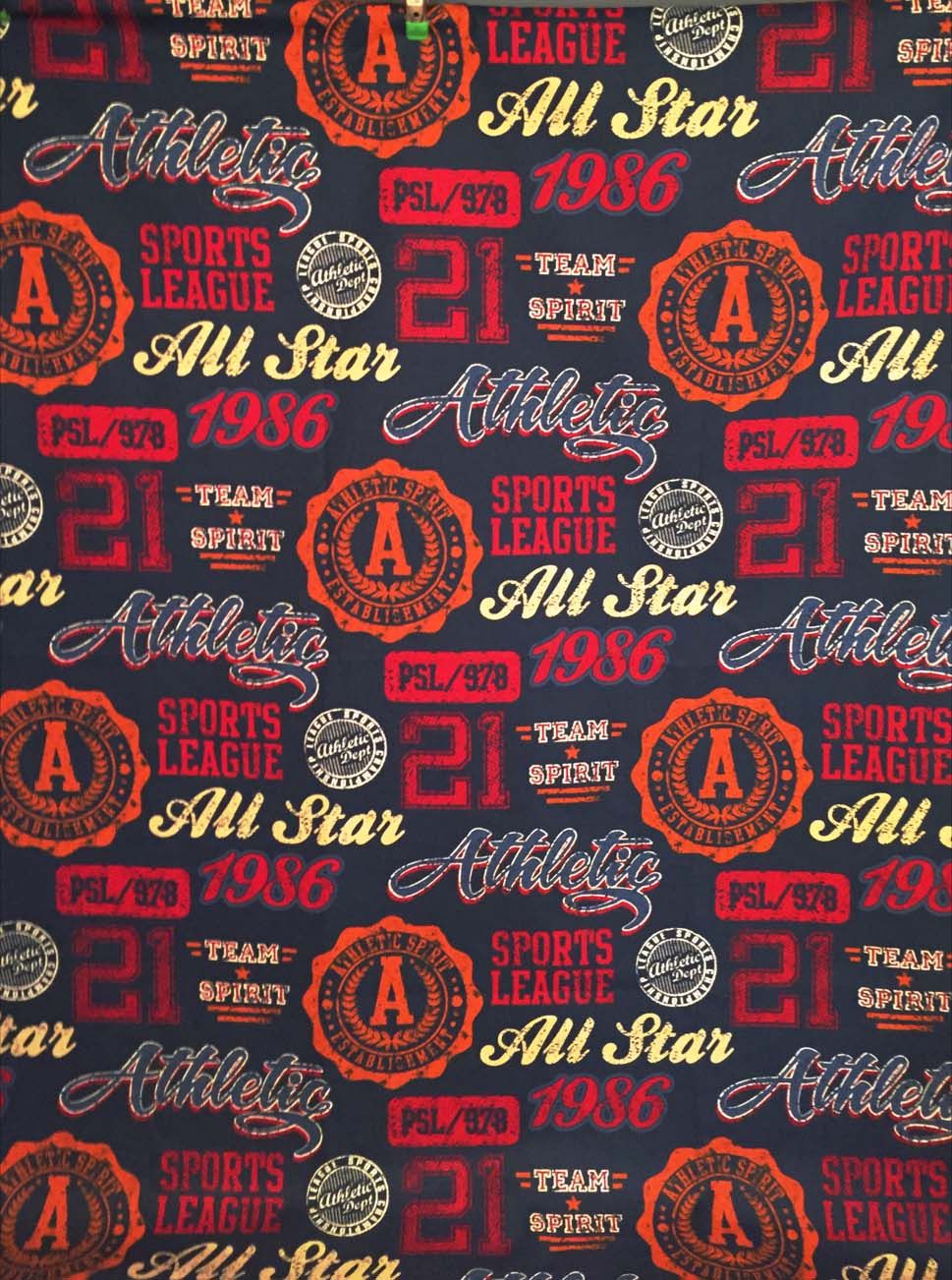 Navy blue fabric featuring All Star 1986 Athletics Sports League varsity-style text and badge prints in red, gold, and white.