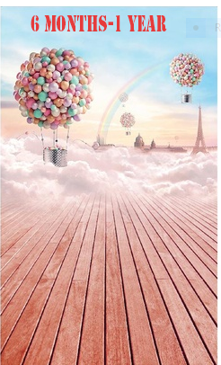 Whimsical baby backdrop with colorful balloon hot air balloons floating over pink clouds and wooden floor, labeled 6 months-1 year.