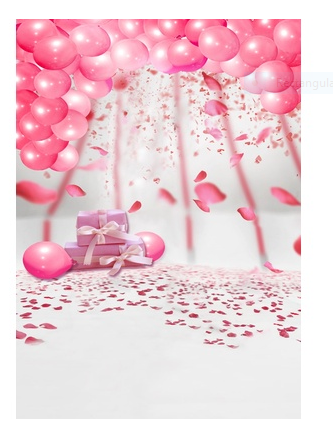 Pink balloons and confetti petals float above wrapped gifts on a white floor in a festive celebration backdrop.