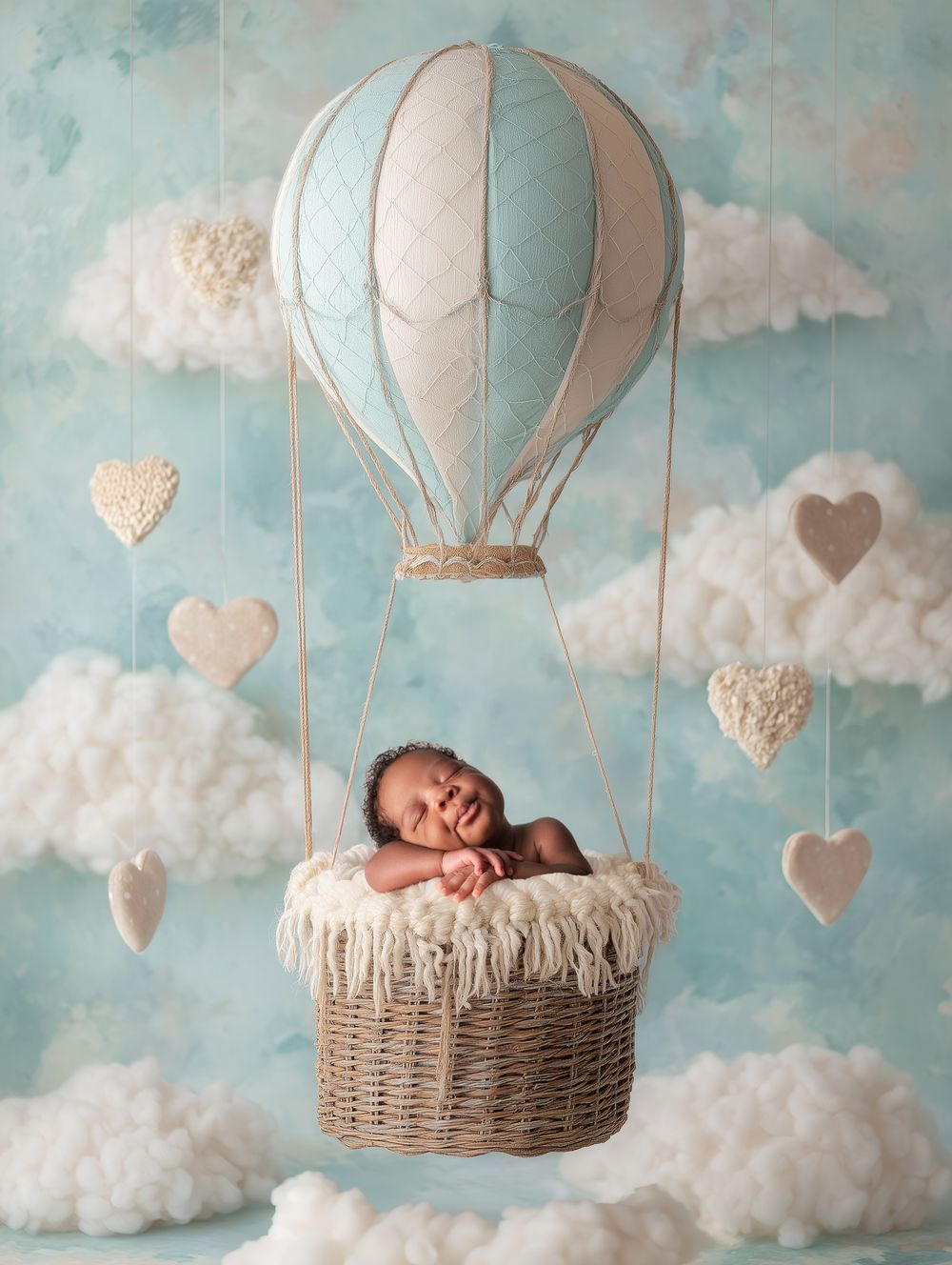 Newborn baby sleeping peacefully in a wicker basket beneath a pastel hot air balloon with fluffy clouds and heart decorations.