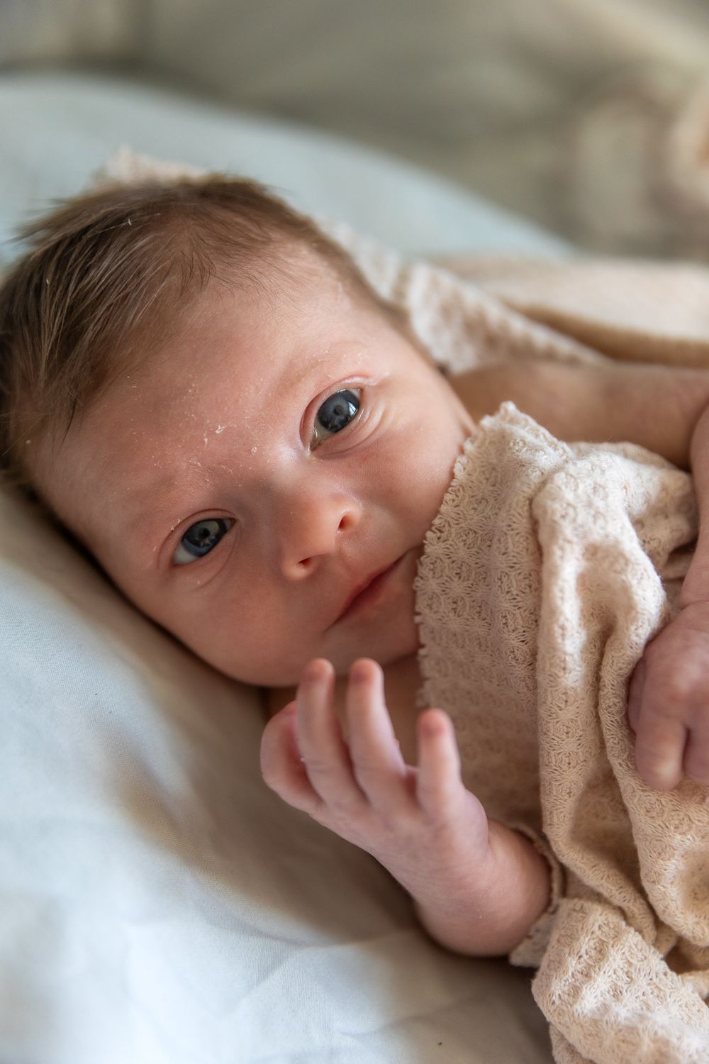 A newborn baby swaddled in a beige knit blanket gazes at the camera while lying down.