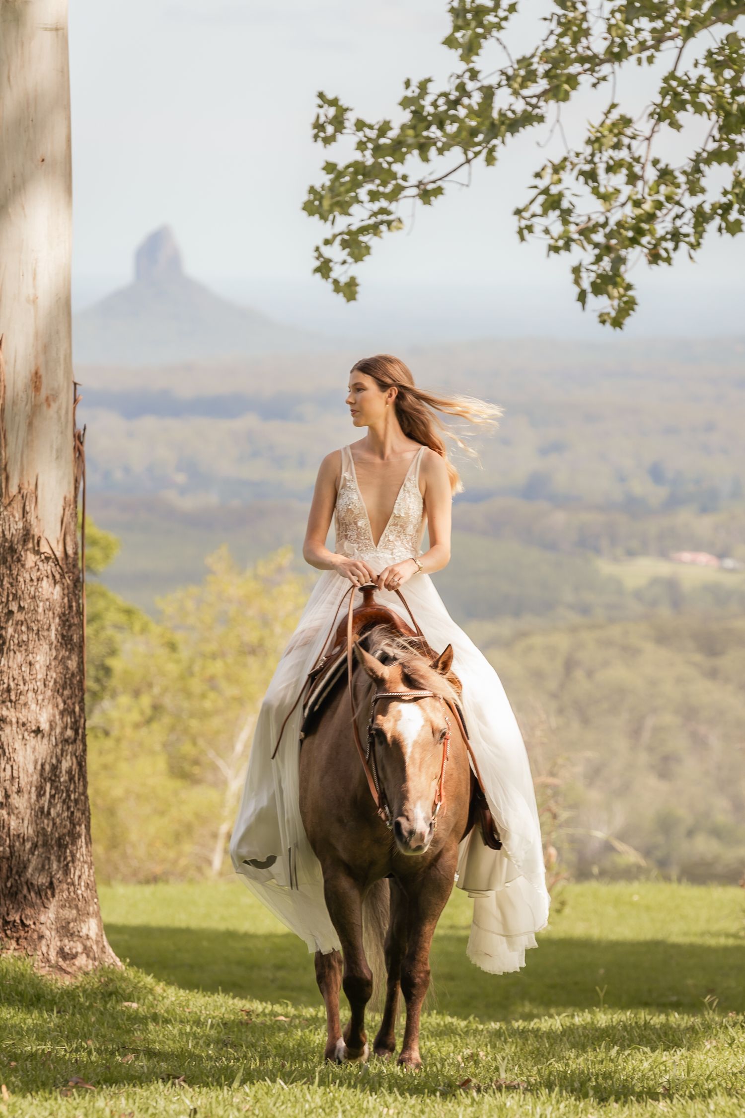 A white-gowned figure rides a brown horse on a grassy hilltop with mountains in the background. Maleny Sunshine Coast.