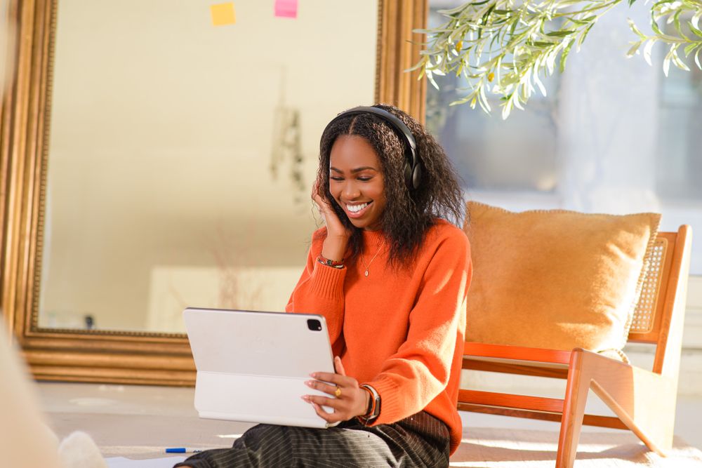 A series of photos showing someone recording content in a bright room with wooden trim and plants.