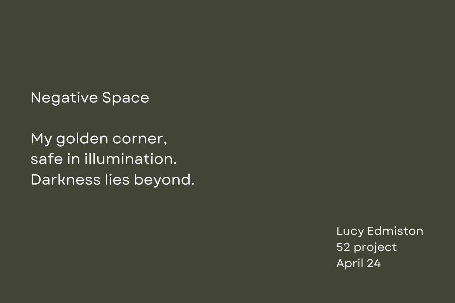 Haiku about darkness and illumination on dark olive background.