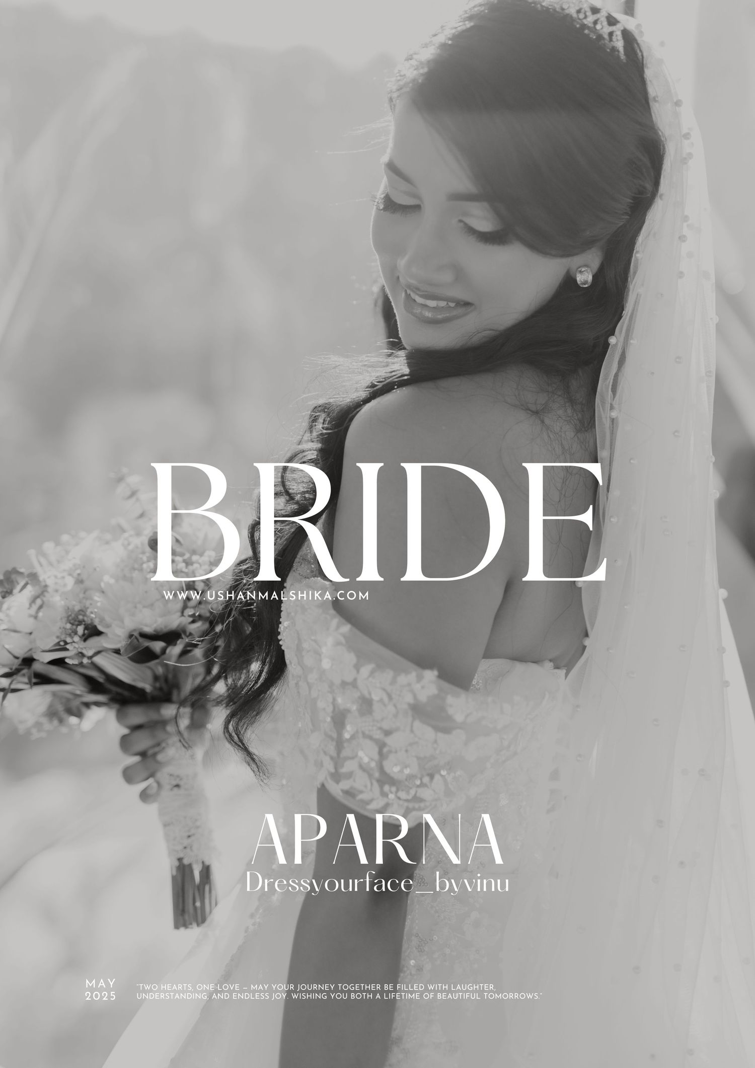 Black and white magazine-style bridal photo featuring a bride in lace dress with veil looking over her shoulder.