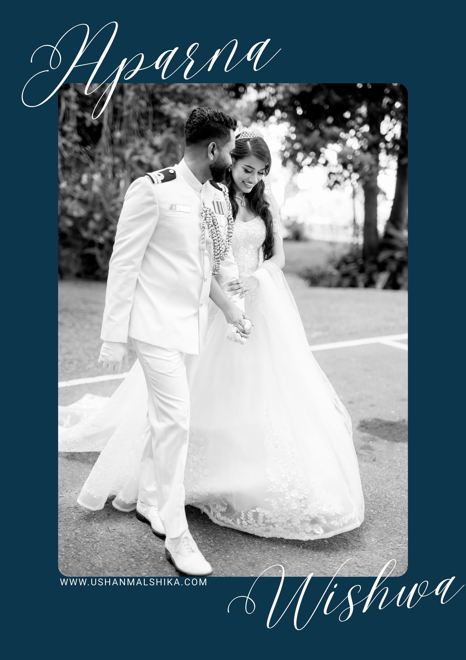 Black and white wedding photo series showing romantic moments between a bride and groom in elegant white attire.