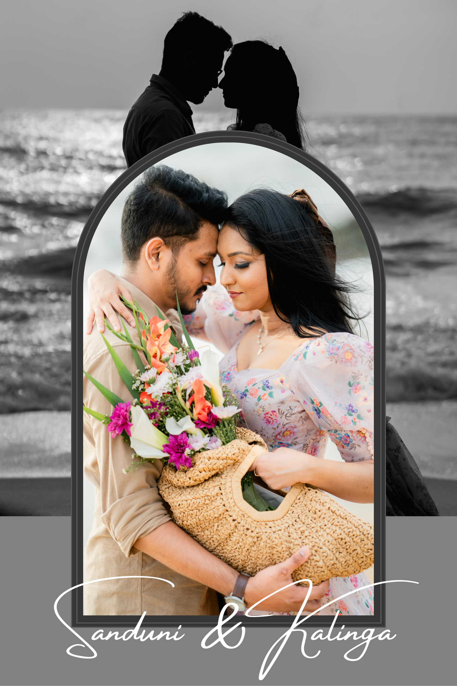 A romantic couple poses intimately with flowers in a straw bag, shown in an arched frame against a beach background.