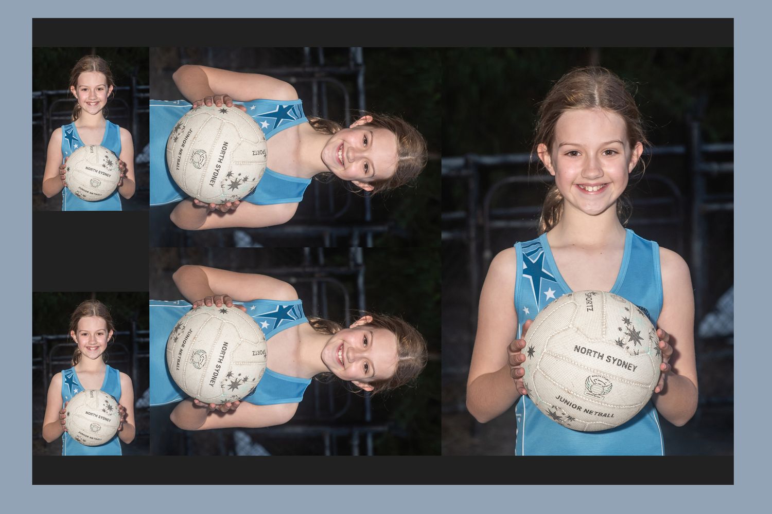 Sports team photo collage featuring netball players and team portraits.