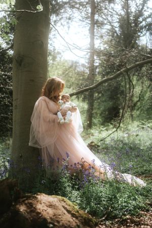 Mother and Baby Newborn Outdoor Nature Photography in Arger Fen, Bluebell Woods, Bures, Sudbury Suffolk