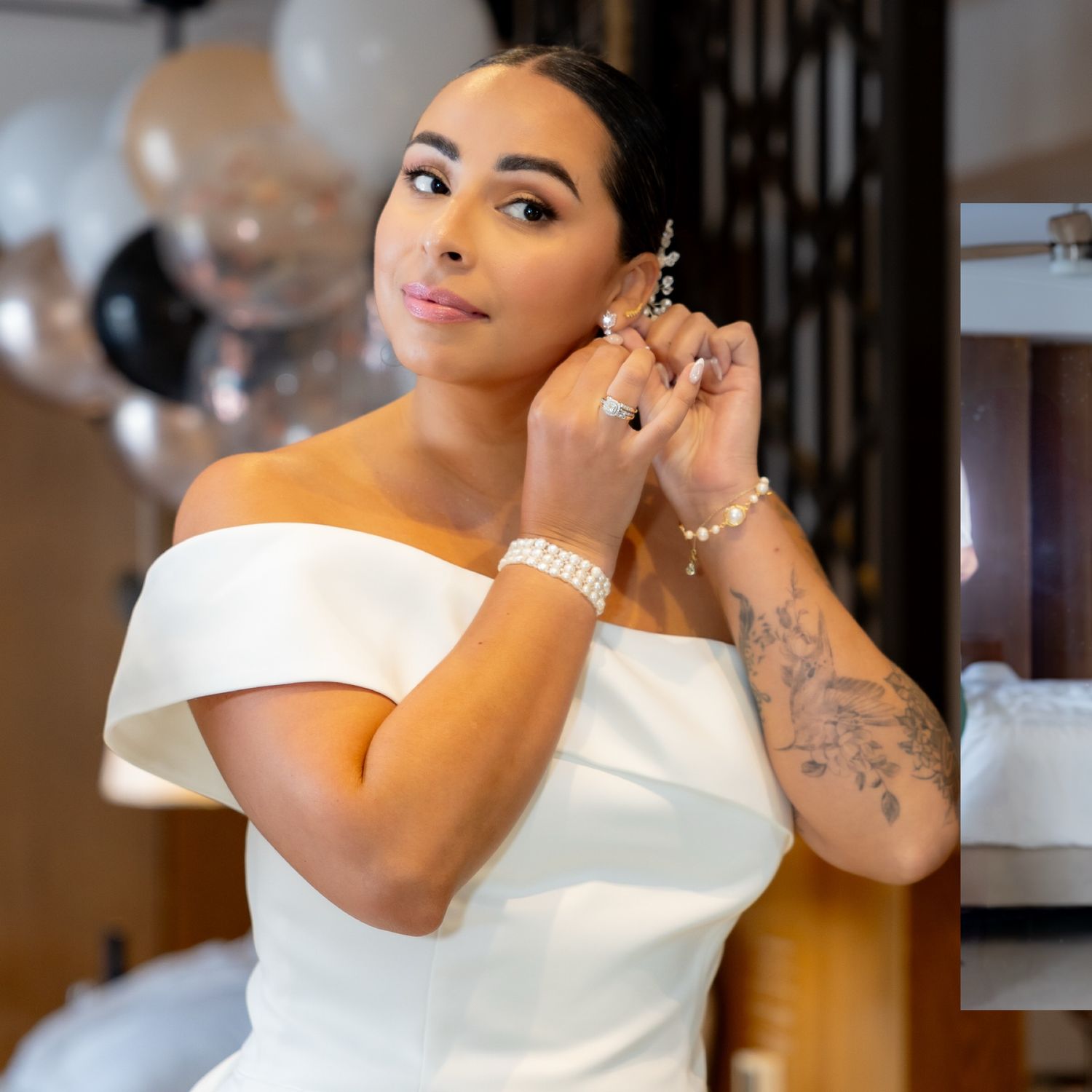 Getting ready shots of bride in white one-shoulder dress with delicate pearl jewelry and elegant makeup.