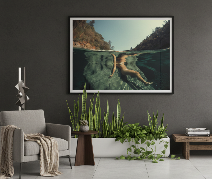 Modern living room interior with dark gray walls featuring framed mountain landscapes and indoor plants.