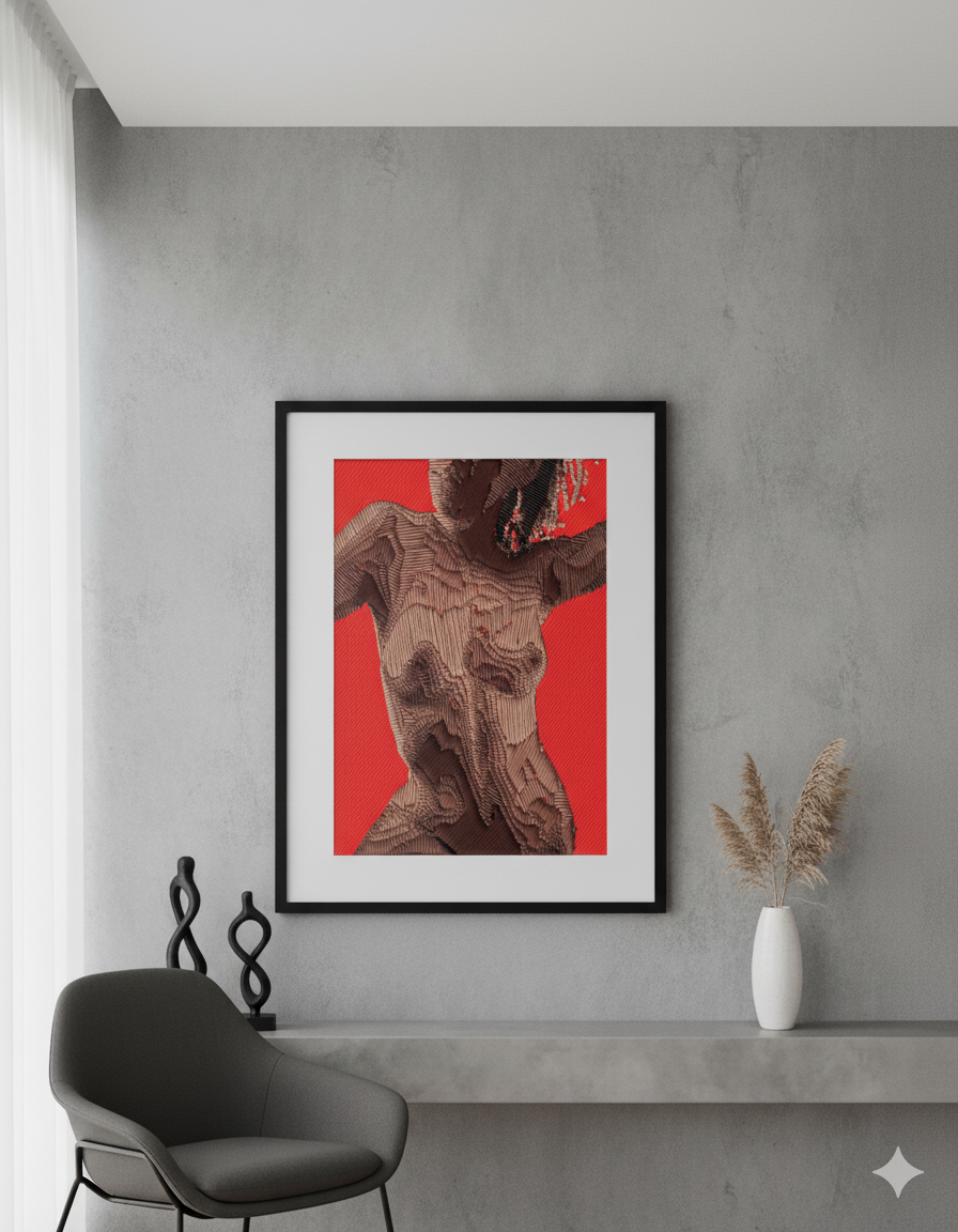 Modern living room interior with gray walls, abstract red artwork, designer chair and minimalist decor accents.