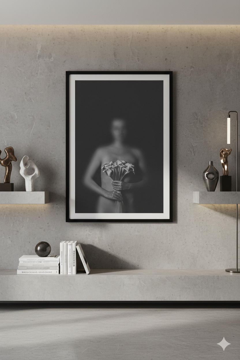Modern minimalist interior design featuring floating white shelves, monochrome artwork, and decorative objects against a gray wall.