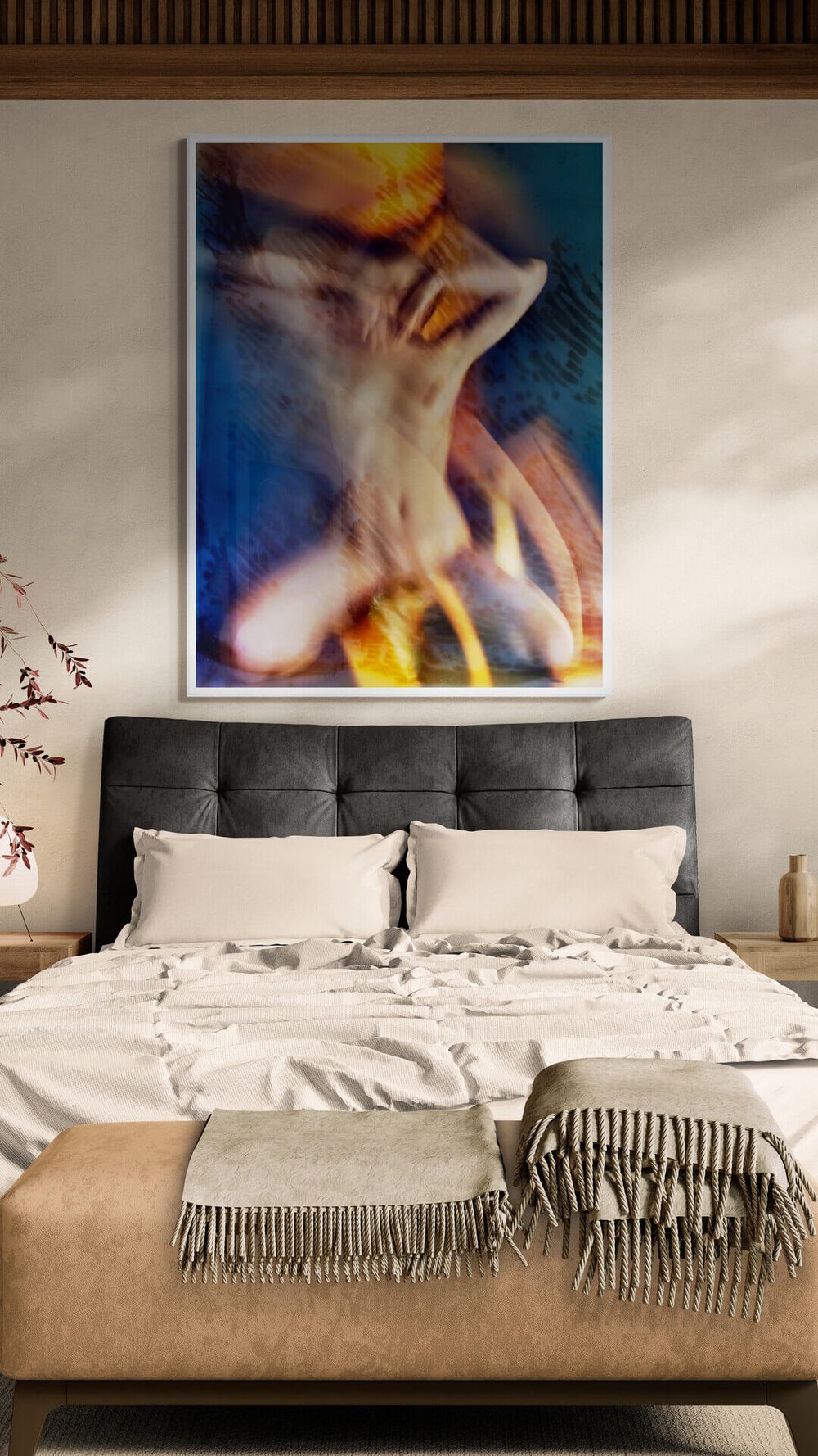 Modern bedroom interior with gray upholstered headboard, white bedding, and abstract art in blue and yellow tones above the bed.