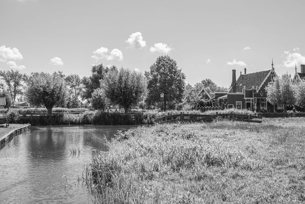 Black and white photograph of a rustic countryside house beside a tranquil pond with reeds.