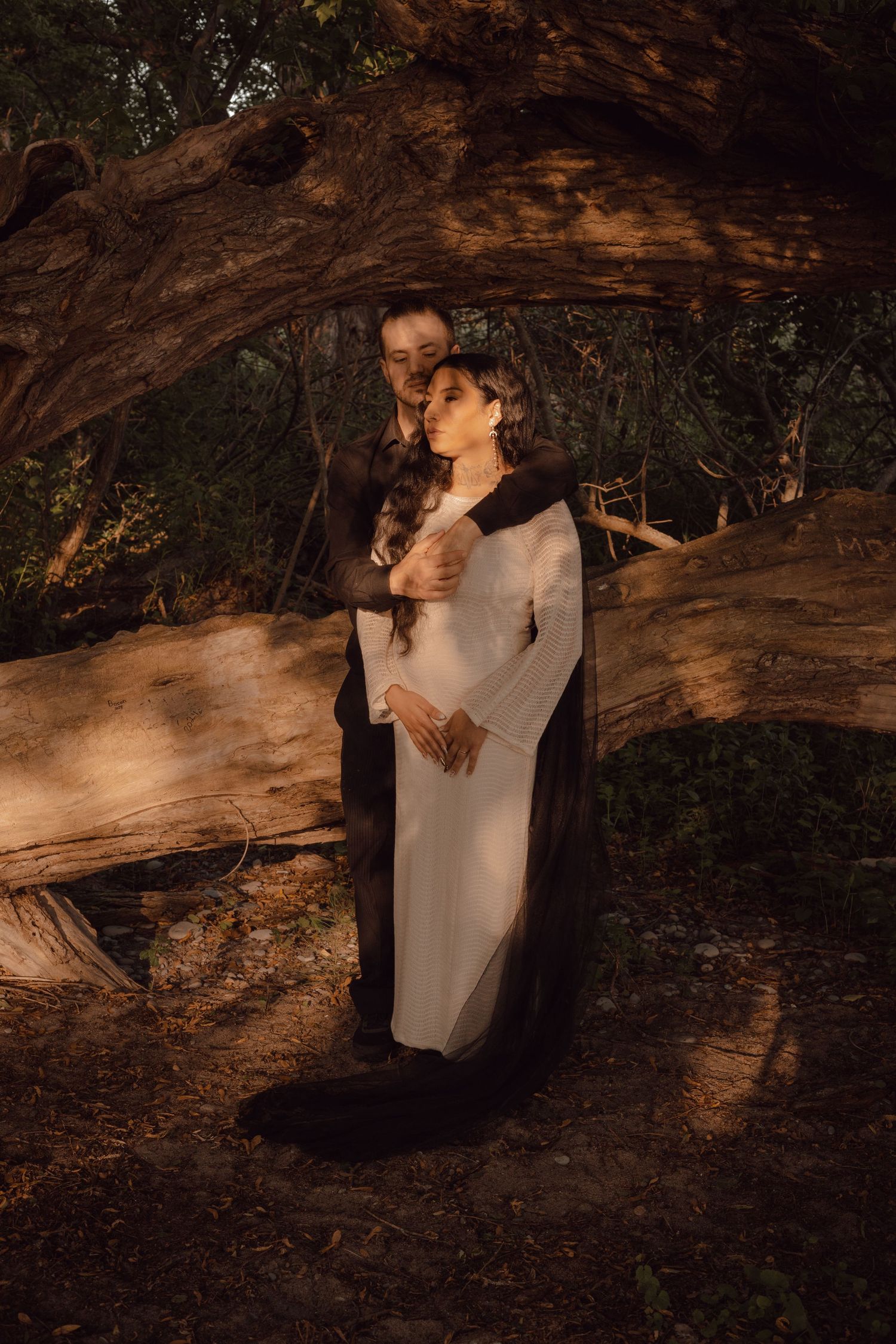 Moody portrait of bride and groom in the trees while the sun sneaks in for dramatic touches.