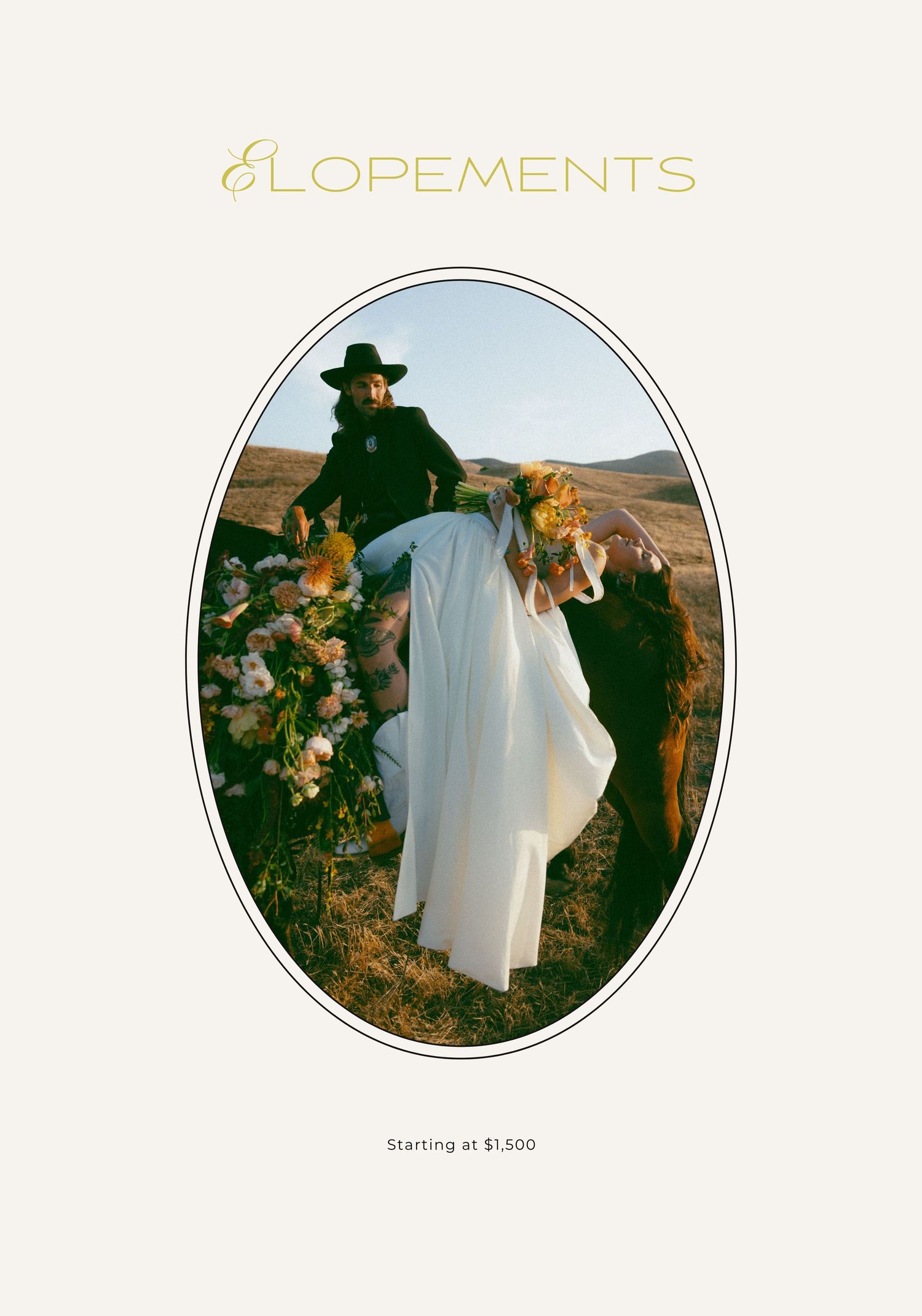 A figure in a green hat and flowing white dress stands among floral arrangements in a rustic outdoor setting at sunset.