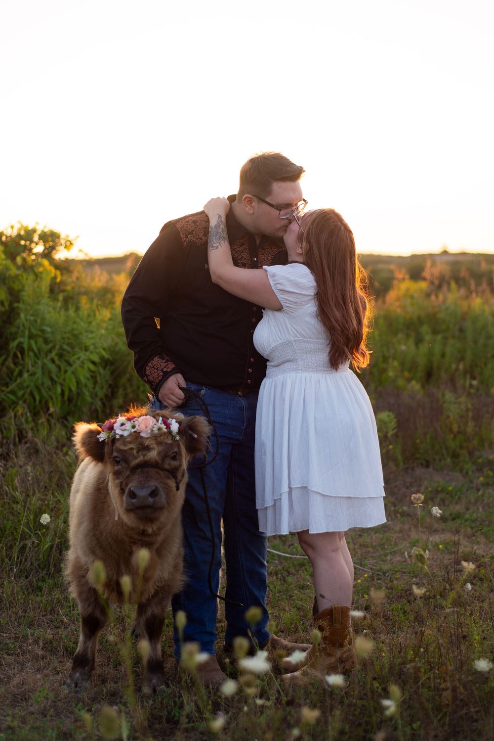 A couple shares a tender moment at sunset with their dogs in a wildflower field.