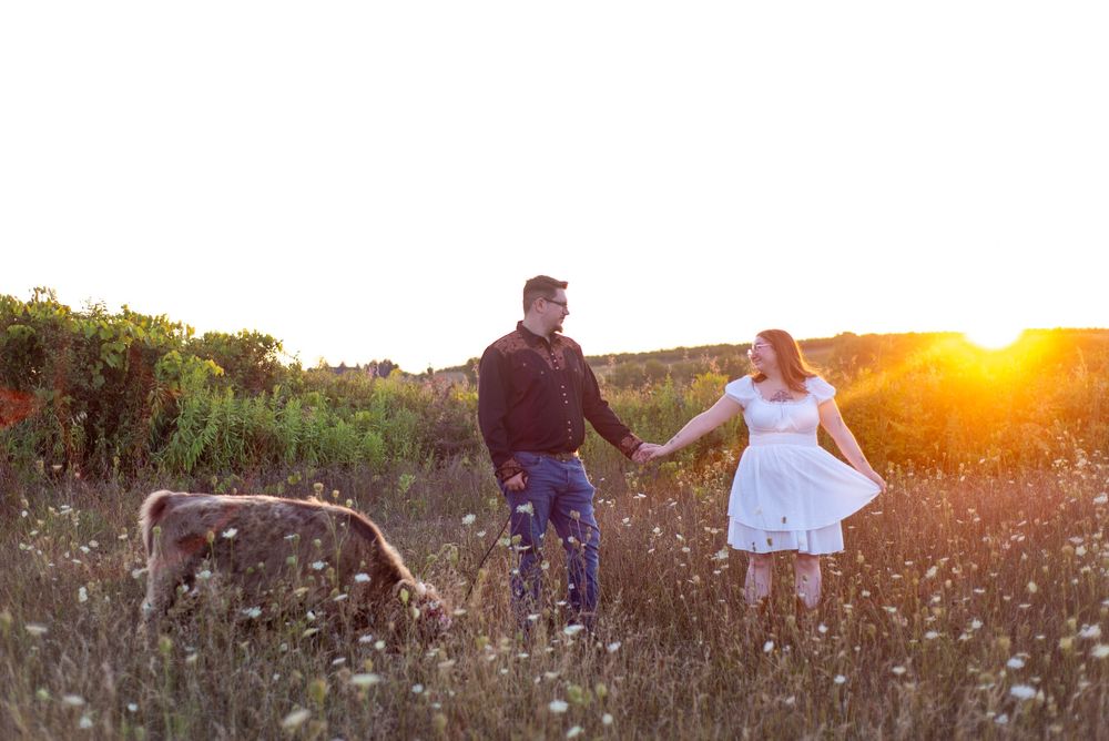 Couple walking through a tall wildflower field at golden sunset holding hands while surrounded by natural beauty.