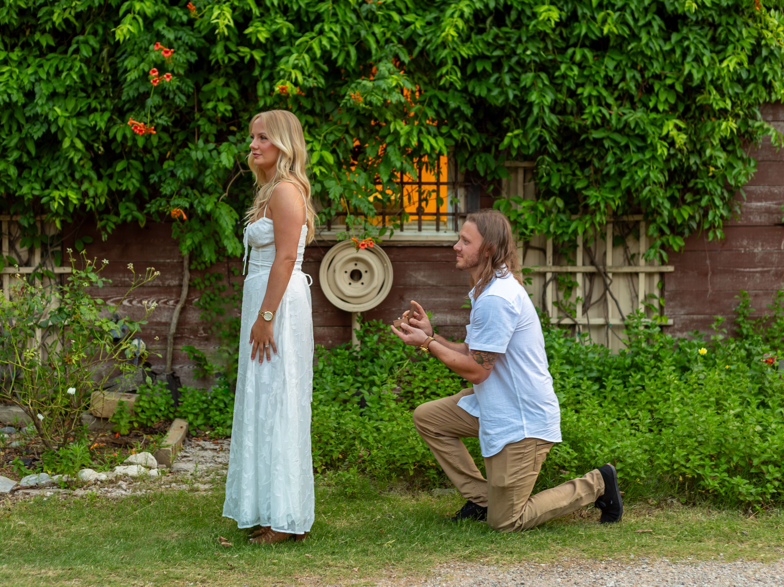 A romantic marriage proposal takes place in a lush garden setting with ivy-covered walls and greenery in the background. (Proposal - Fortuna