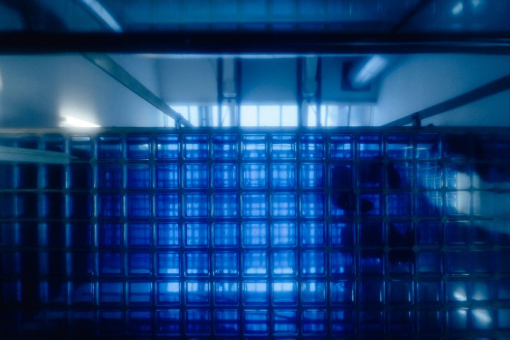 Industrial corridor with blue lighting creating a futuristic atmosphere.