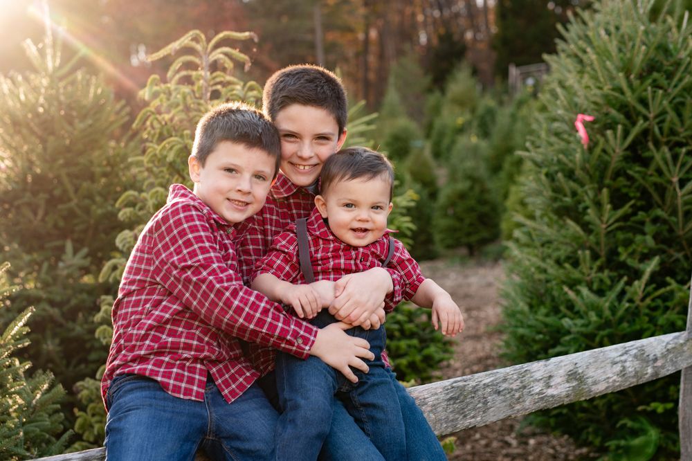 Two people in red plaid shirts sit together on a wooden fence at sunset among evergreen trees.