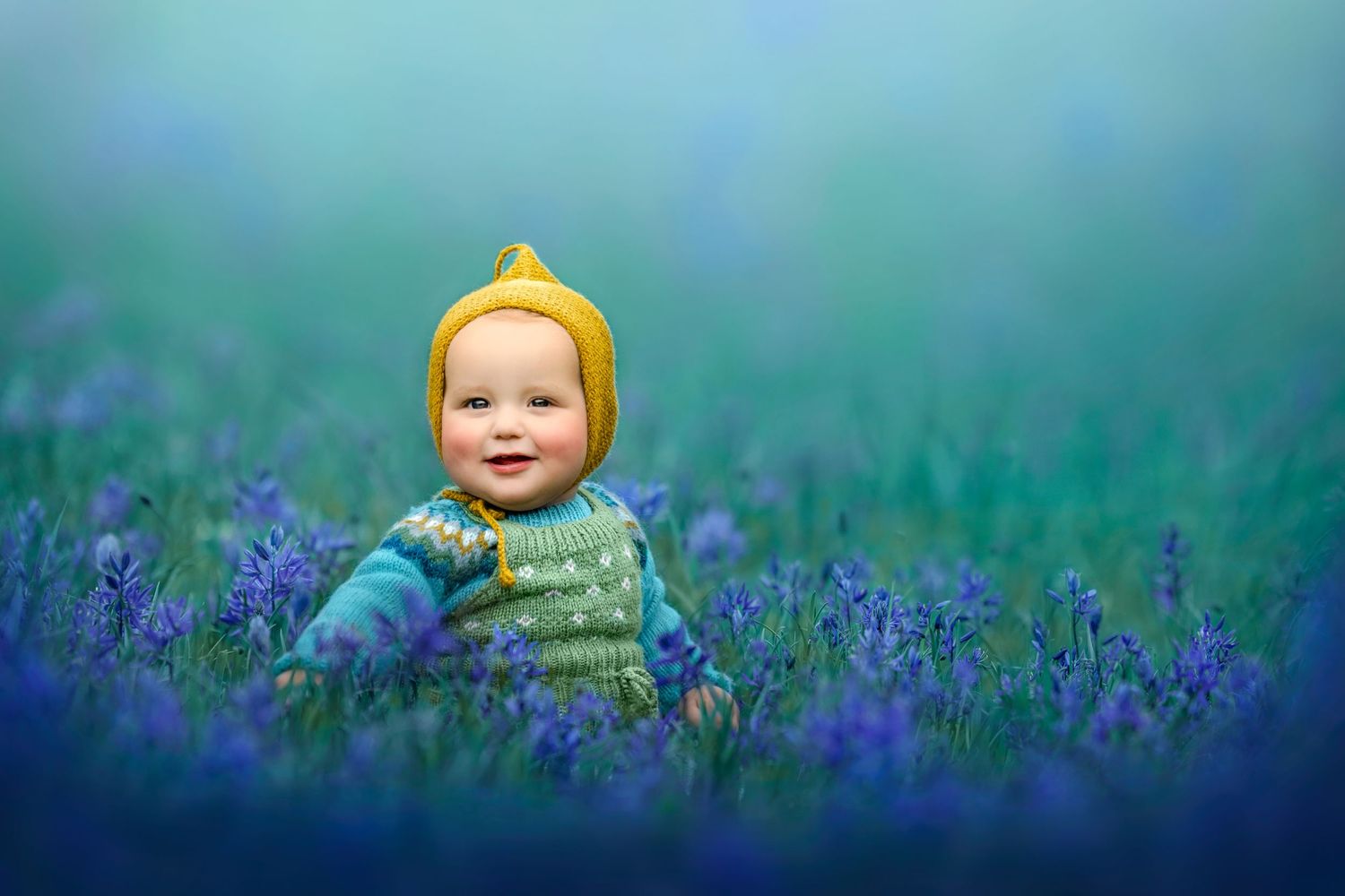 A young child wearing a yellow bonnet sits in a field of vibrant purple blue wildflowers.