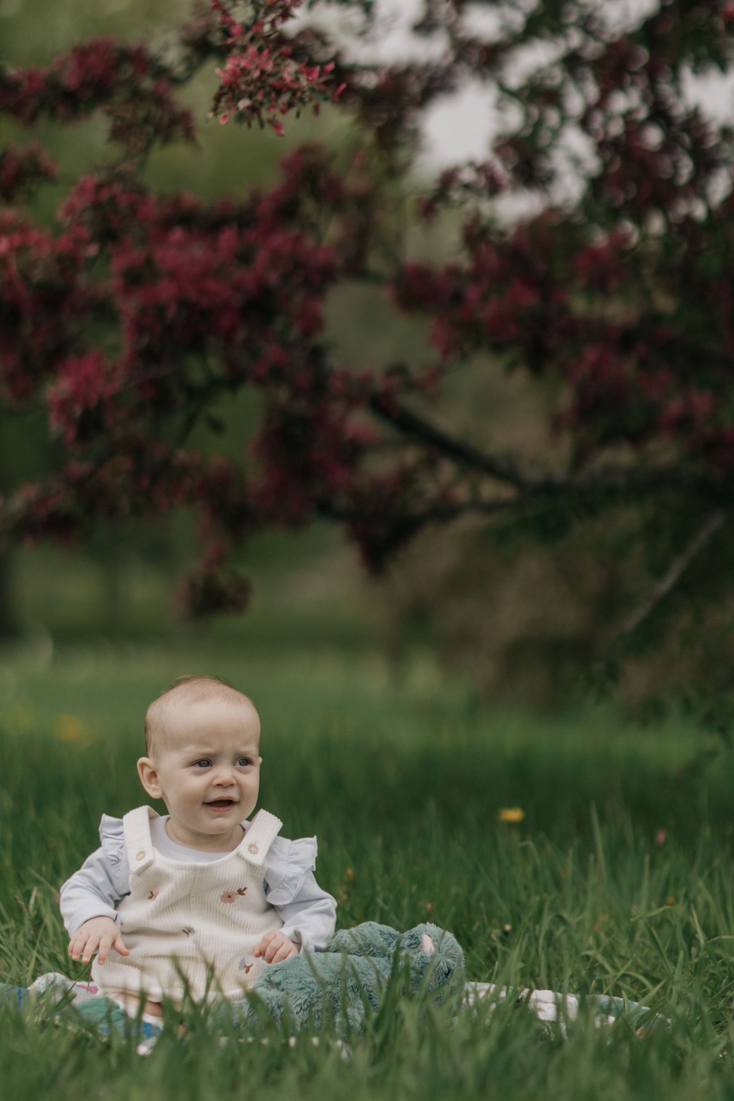 Baby wearing white dress sitting in grass under flowering tree branches.