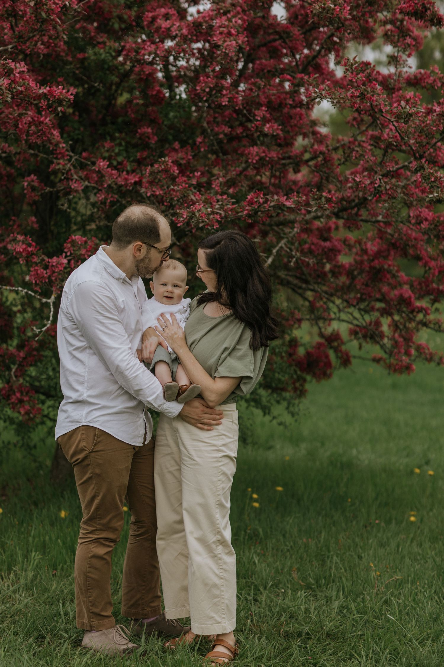 Parents embracing with baby between them under blooming cherry tree in spring.