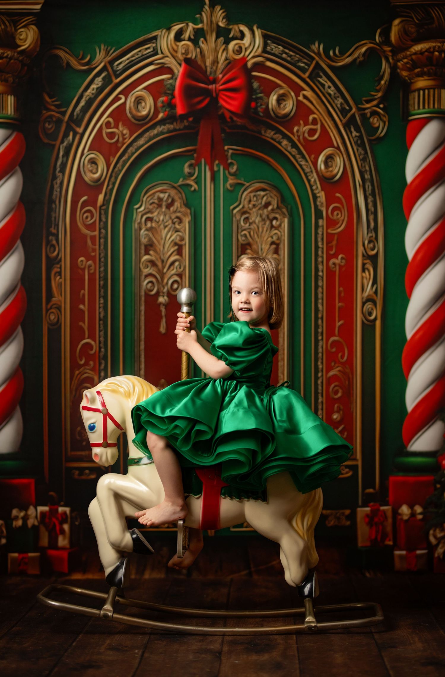 Stunning high-low dress with moon phase print captured against a dramatic emerald green smoke background.