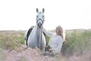 A majestic white horse stands in purple wildflowers during golden hour.