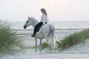 A white horse and rider stand among beach grass against an ocean backdrop.