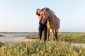 A person in black clothing stands with a brown horse in a grassy coastal field at sunset.