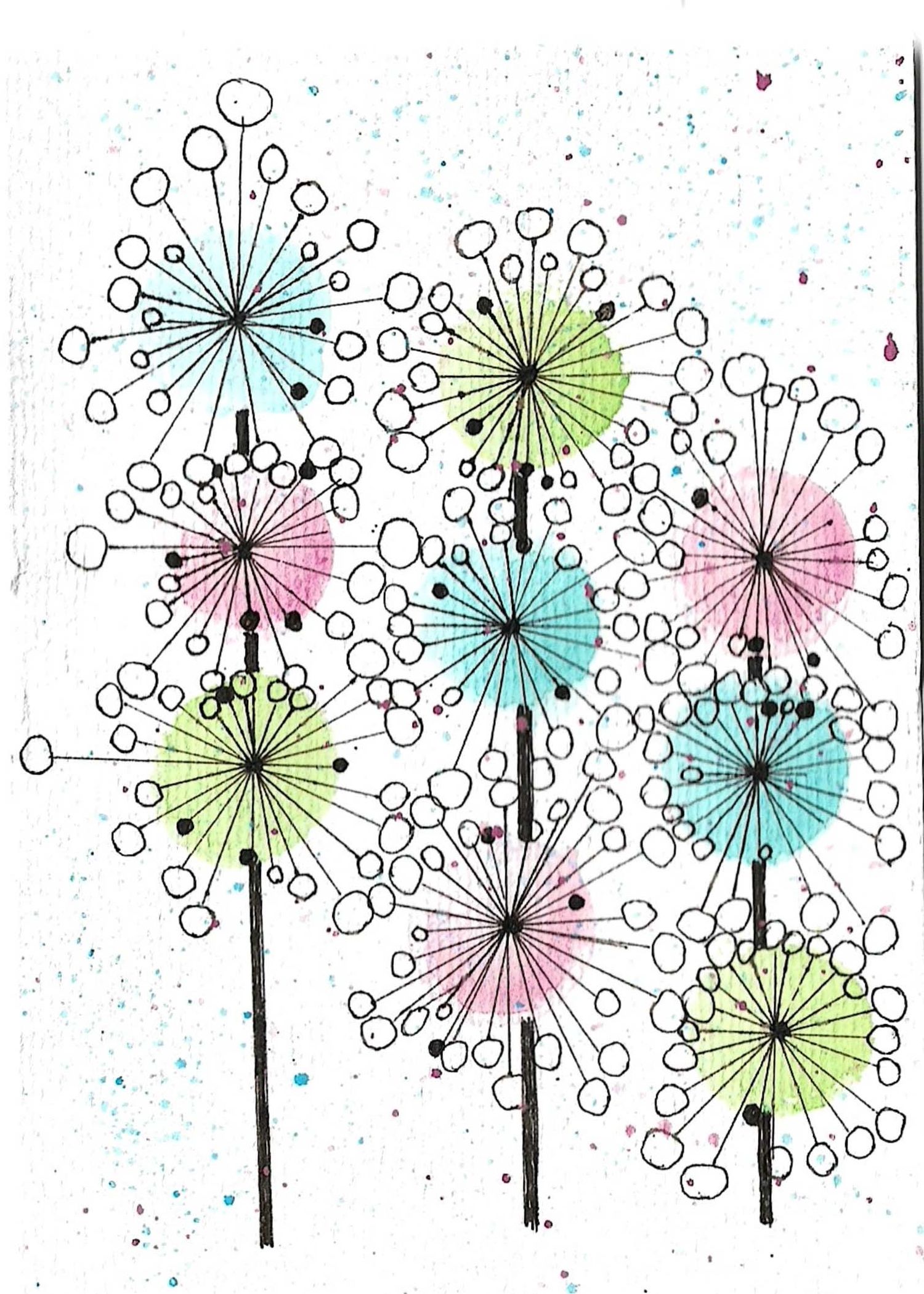 Modern line drawing of dandelion-like flowers in pink, blue, and green with dots radiating from central stems.