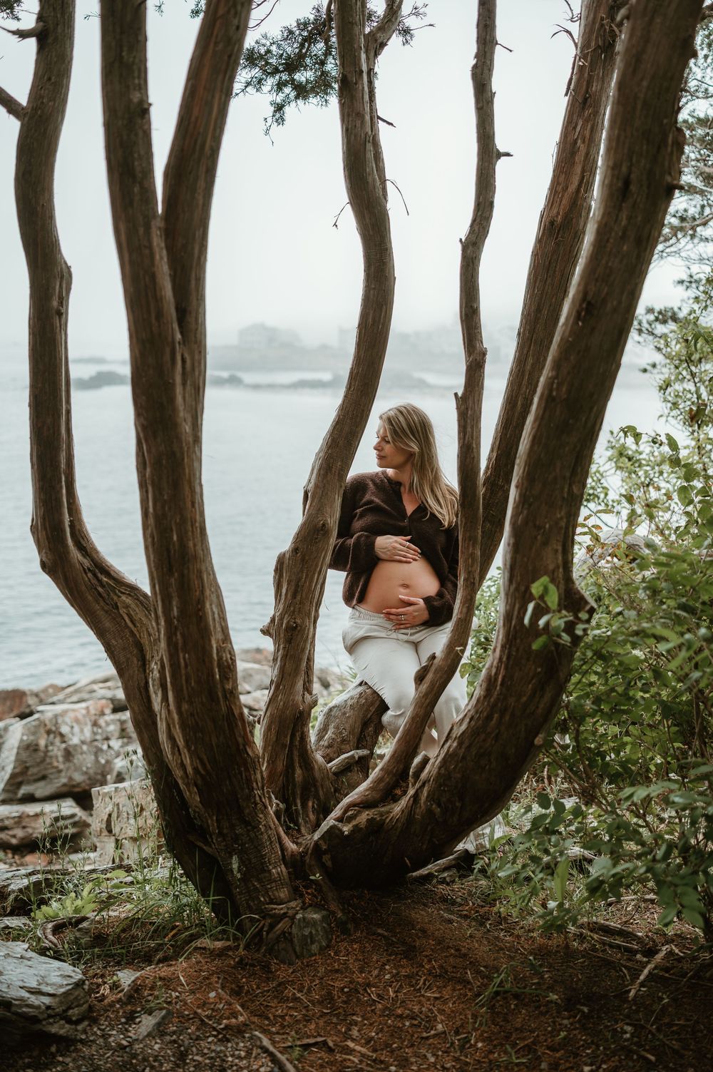 Pregnant woman cradling her belly between twisted tree trunks by the ocean shore.