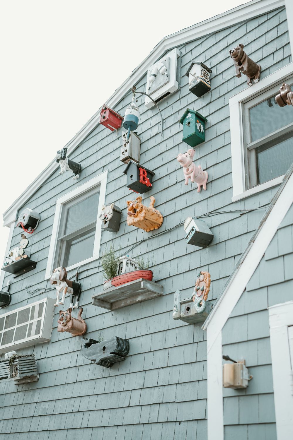 A charming light blue shingled house exterior decorated with colorful birdhouses, animal figurines, and small shelves.