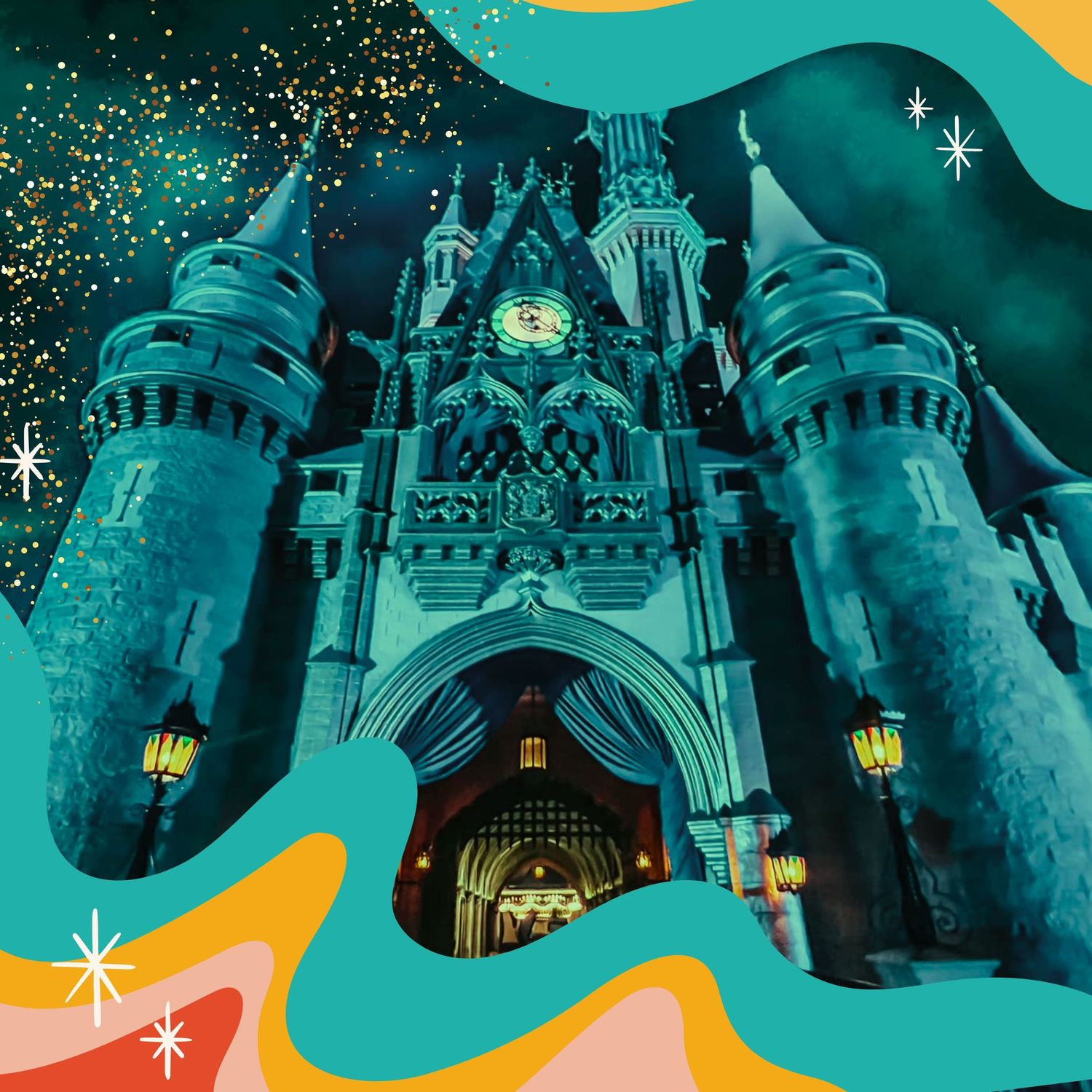 A turquoise-tinted Cinderella Castle at Disney illuminated at night with gold sparkles and retro-style design elements.