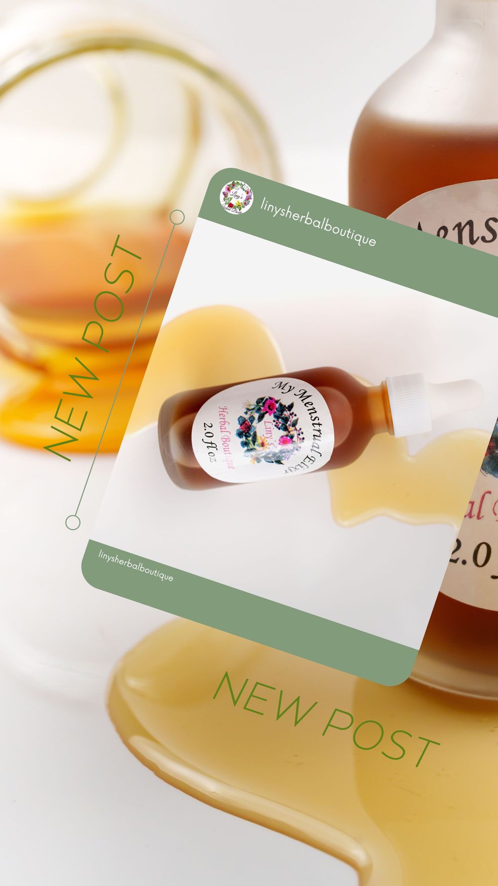Product shot of a small amber bottle against a blurred golden and white background.