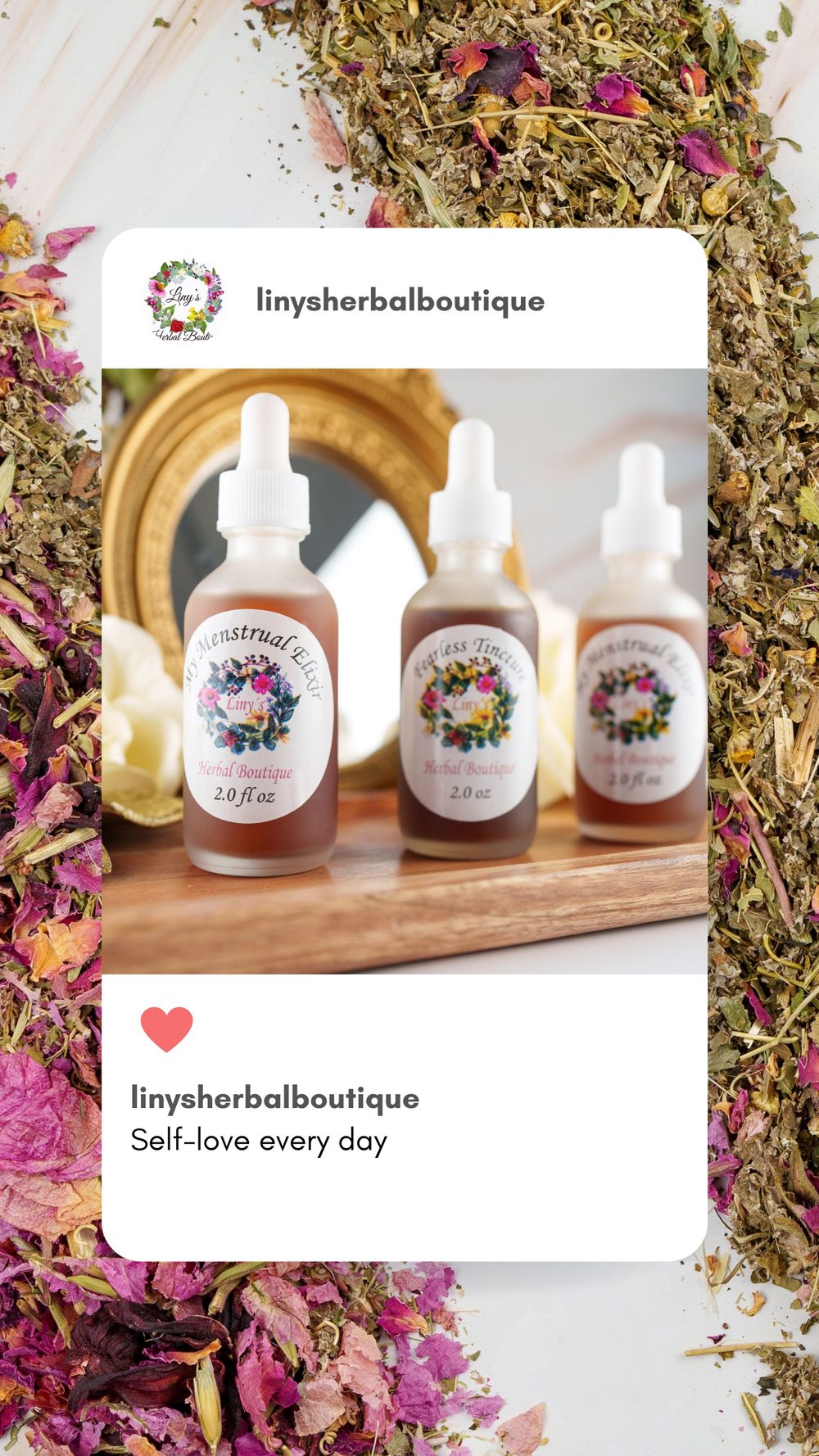 Three herbal product dropper bottles displayed on wooden board surrounded by dried flowers and herbs.