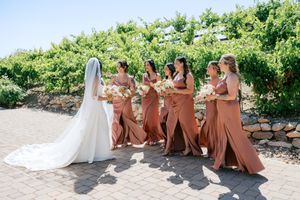 Bride in white gown and veil stands with five bridesmaids in rust-colored dresses holding bouquets at vineyard wedding.