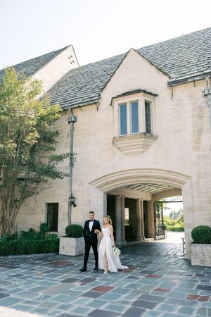 A sequence of elegant church courtyard shots at different angles shows a grand stone archway entrance.