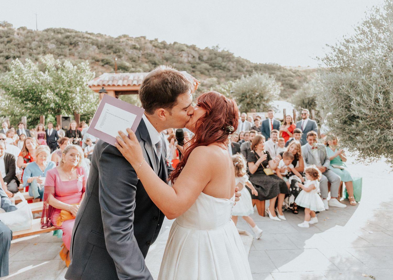 A couple kissing after their wedding  at  finca Santo Tomas Madrid