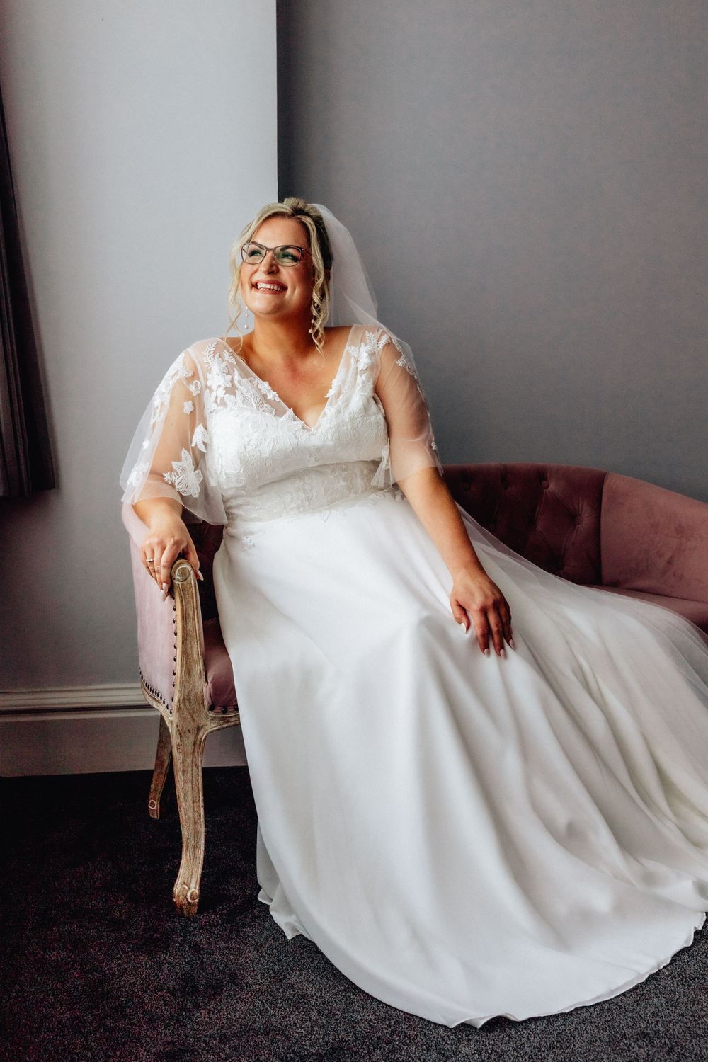 Bride on chair Stanhill Court Hotel