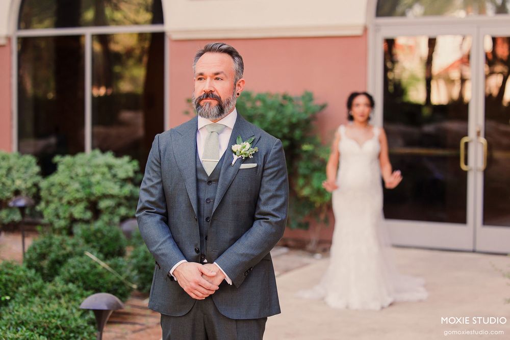 A series of wedding party photos showing groomsmen in gray suits and a bride in white dress outdoors.